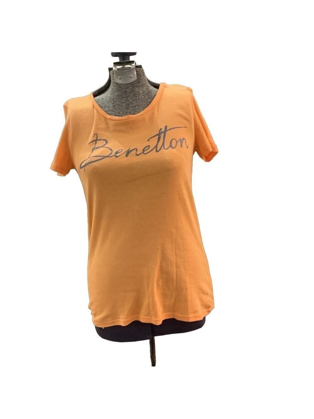 Women's Benetton T-Shirt, small, Orange sparkle logo